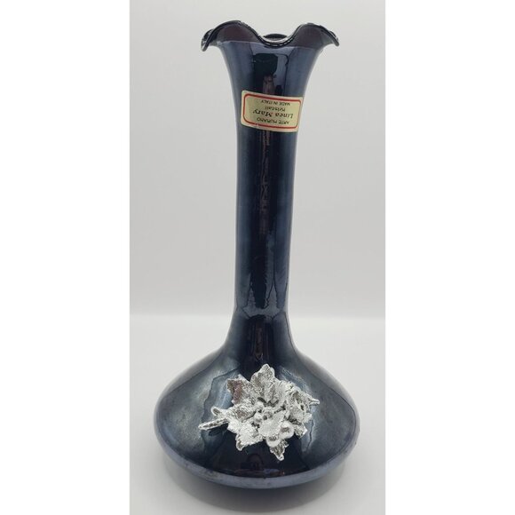 Murano Crystal Glass Vase With Silver Floral Accent 8 Inches Tall Black/Amethyst - Picture 1 of 10